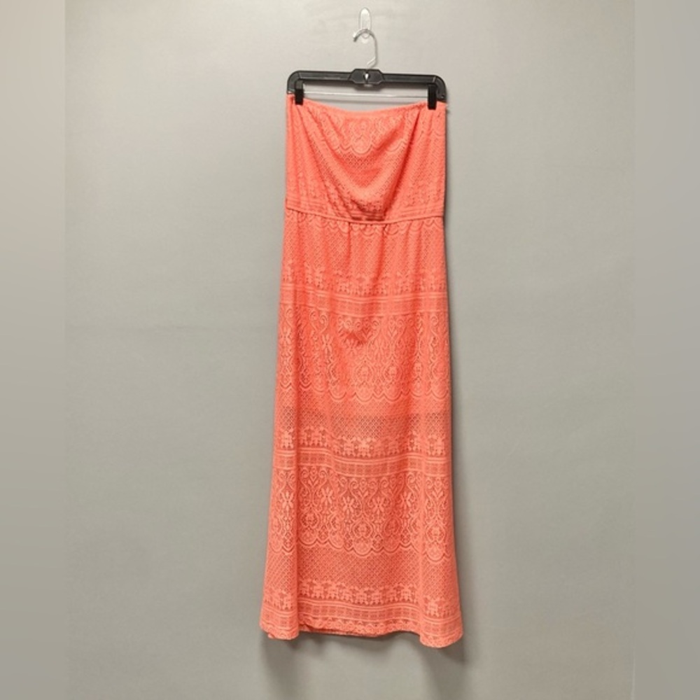 Just Be Coral Crochet Lace Strapless Maxi Dress Womens Large Boho Y2K‎ 2000s